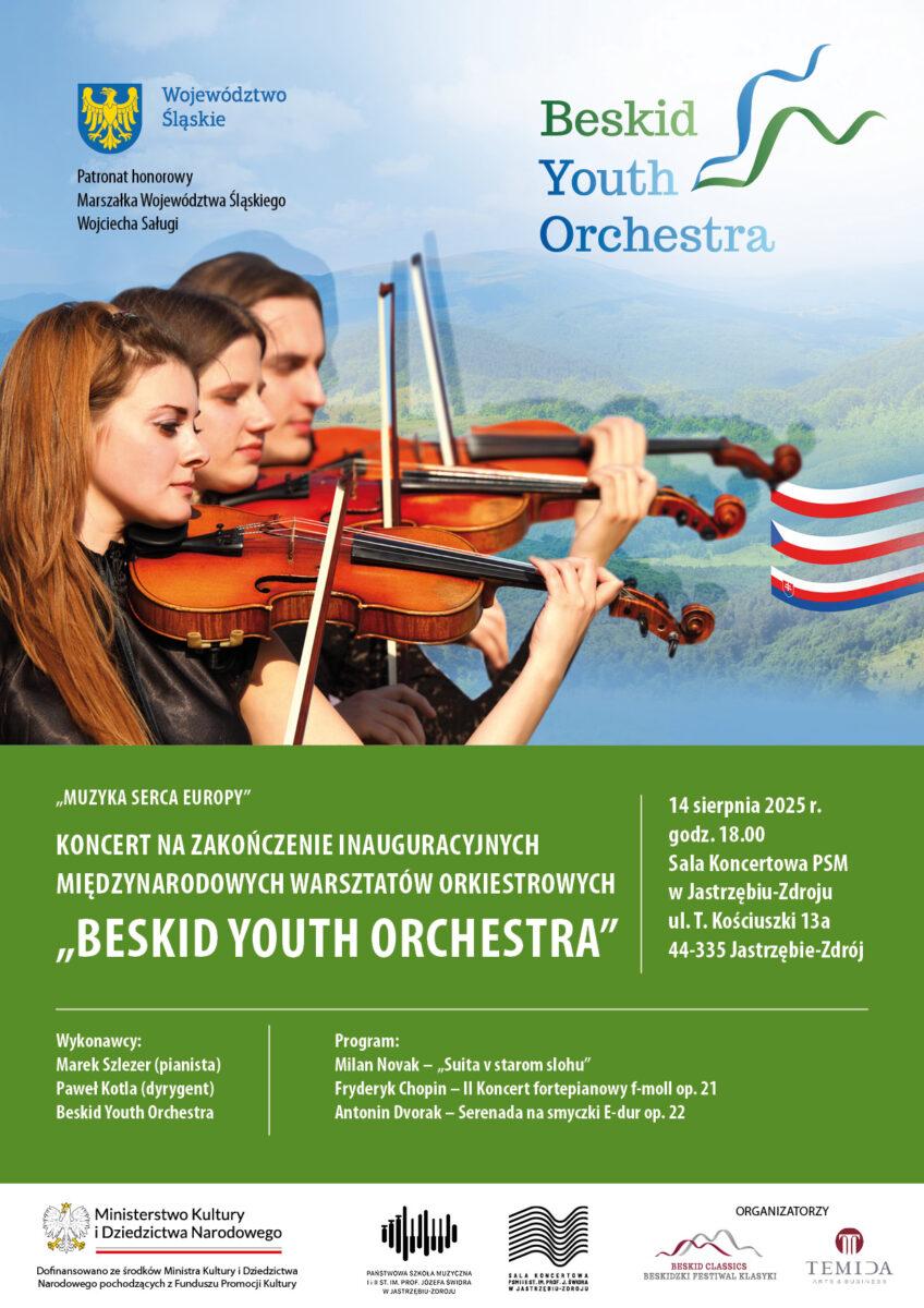 na plakacie informacje dot. koncertu. Na zielonym tle 3 osoby grające na skrzypcach.