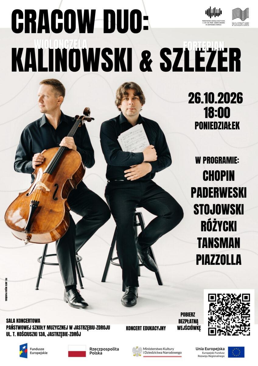Plakat koncertu edukacyjnego Cracow Duo: Kalinowski (wiolonczela) i Szlezer (fortepian), który odbędzie się 26.10.2026 r. o 18:00 w Jastrzębiu-Zdroju. Na zdjęciu dwaj muzycy z wiolonczelą i nutami na jasnym tle