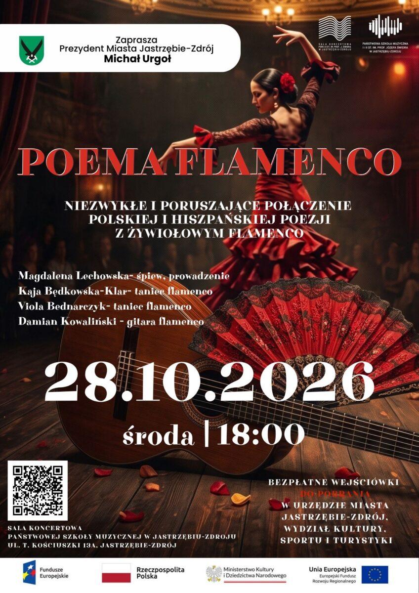 Plakat zapowiadający koncert "Poema Flamenco", który odbędzie się 28.10.2026 r. o godzinie 18:00 w Jastrzębiu-Zdroju. Grafika przedstawia tancerkę w czerwonej sukni, gitarę klasyczną oraz wachlarz na tle sali koncertowej.